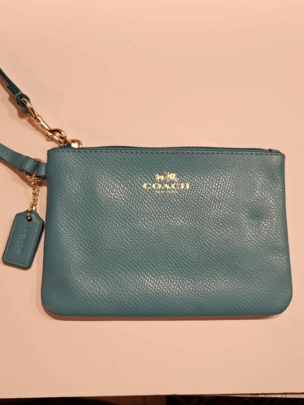 Coach Teal Pebbled Leather Wristlet 6 1/2